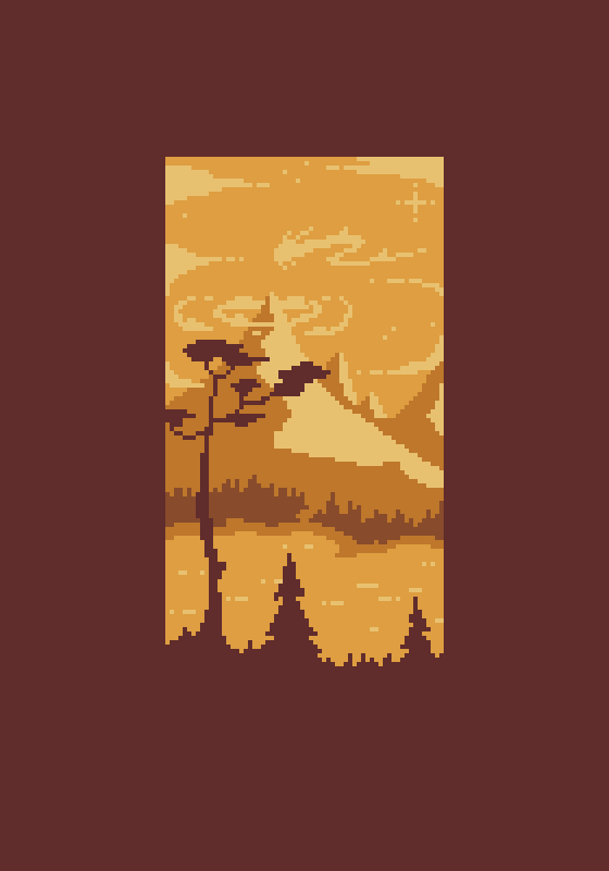 pixel art of a mountain with circular clouds around it, a dragon in the clouds, lake and forest below